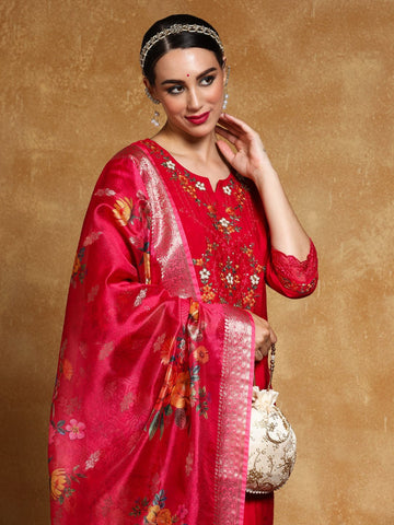 Varanga Women Floral Motif Thread Embroidered Yoke Kurta with Trouser & Dupatta